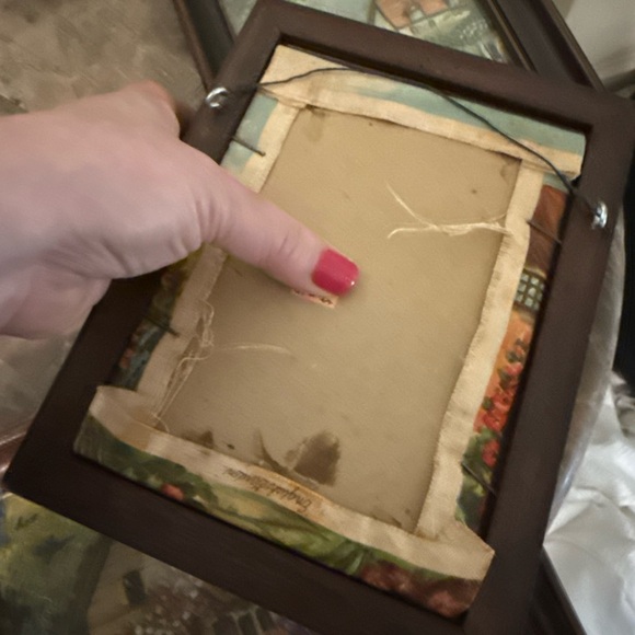 Set of Three Vintage Framed Cottage Prints on Fabric with Embroidered Flowers - Picture 9 of 12